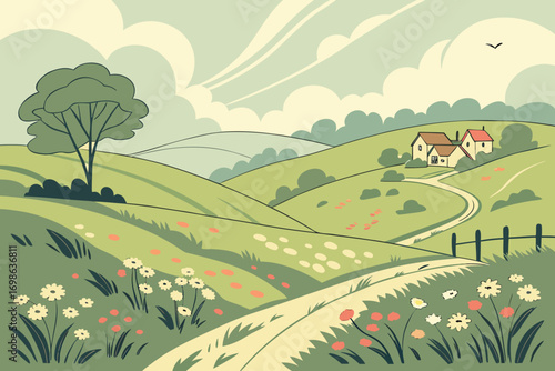 Idyllic countryside landscape with rolling hills and a winding path leading to cottages