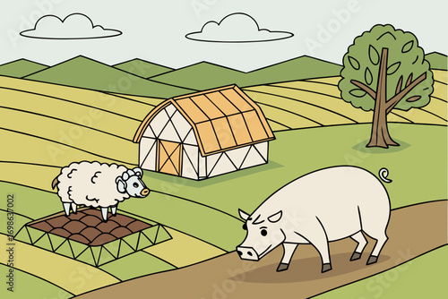 Cartoon farm scene with a sheep and a pig near a barn and fields