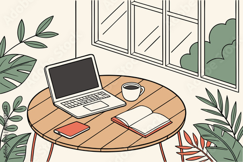 Cozy outdoor workspace with laptop coffee book and plants