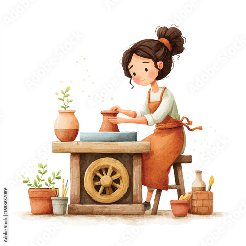 Girl Focused on Pottery.