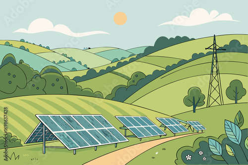 Solar panels in a green landscape with rolling hills and a power line