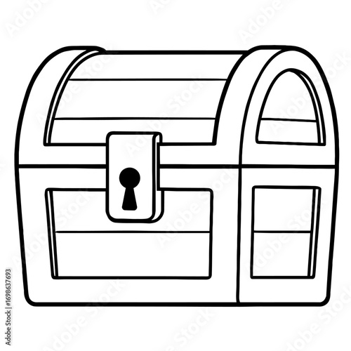 Outline drawing of vintage treasure chest with prominent keyhole lock. Ideal for pirate themes, hidden riches, fantasy adventures, and antique storage concepts. Perfect as clip art, coloring page, or 