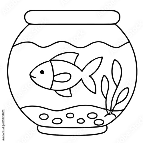 Black and white outline of a cute cartoon fish swimming in a round glass fishbowl, with water, bottom pebbles, and an aquatic plant. A simple vector illustration for coloring, clip art, kids' activiti