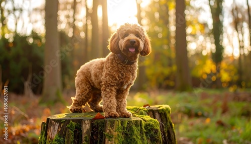 Fototapeta Naklejka Na Ścianę i Meble -  Adorable dog on a mossy tree stump in a sun-drenched forest