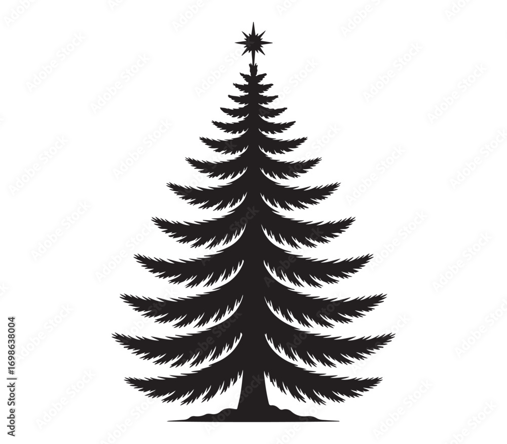 Obraz premium Christmas Tree Silhouette Vector Illustration with Star Decoration Isolated on White Background