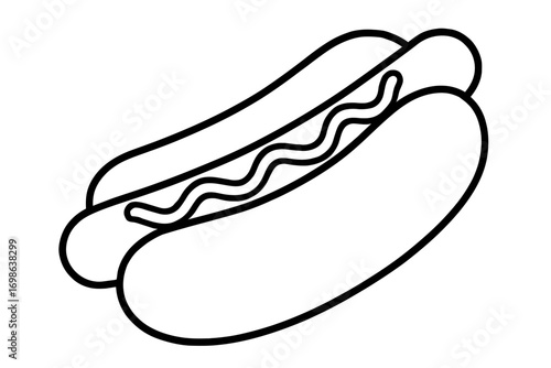 Black and white line art illustration of a classic hot dog in a bun with a wavy condiment drizzle, perfect for menus, coloring pages, fast food graphics, and quick snack icons. Simple delicious outlin