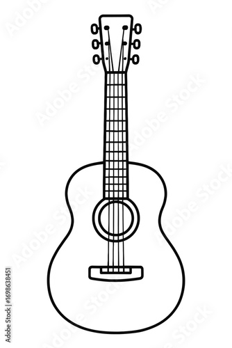 Acoustic Guitar Line Art Illustration: Detailed black & white outline drawing of a classic string instrument. Features headstock, tuning pegs, neck, frets, strings, soundhole, bridge. Perfect for musi