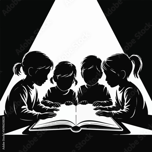 A Striking Black and White Silhouette of Children Reading a Book