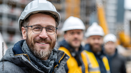 portrait of professional engineer smiling with diverse construction team on building site symbolizing safety architecture teamwork project management and urban development planning