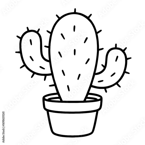 Minimalist Black Outline Cactus in Pot Illustration - Simple Vector Drawing of a Potted Desert Succulent Houseplant for Coloring Pages, Icons, and DIY Craft Projects. A perfect educational resource, c