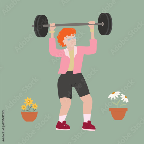 Funny strong grandma lifting barbell. Active senior woman doing fitness, sport illustration. Healthy lifestyle, motivation, workout concept.