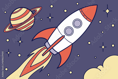 Cartoon red and white rocket launching with planets and stars background