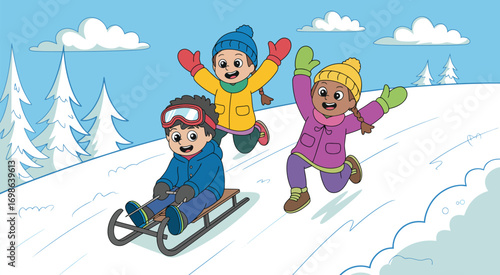 Cheerful Children Enjoying Snowy Sledding Adventure in Winter Scene. Kids Playing Outdoors on a Hill. Fun and Wholesome Illustration for Christmas, Winter Holiday, or Family Themes