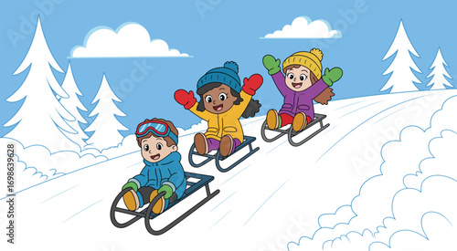 Cheerful Children Enjoying Snowy Sledding Adventure in Winter Scene. Kids Playing Outdoors on a Hill. Fun and Wholesome Illustration for Christmas, Winter Holiday, or Family Themes