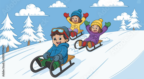 Cheerful Children Enjoying Snowy Sledding Adventure in Winter Scene. Kids Playing Outdoors on a Hill. Fun and Wholesome Illustration for Christmas, Winter Holiday, or Family Themes