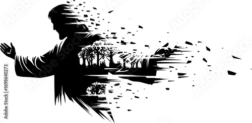 silhouette vector of Jesus Praying with Outstretched Arms in Garden Scene – Emotional Christian Illustration of Prayer, Fragmented Artistic Style, Spiritual Religious Artwork