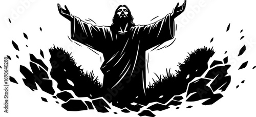 silhouette vector of Jesus Praying with Outstretched Arms in Garden Scene – Emotional Christian Illustration of Prayer, Fragmented Artistic Style, Spiritual Religious Artwork
