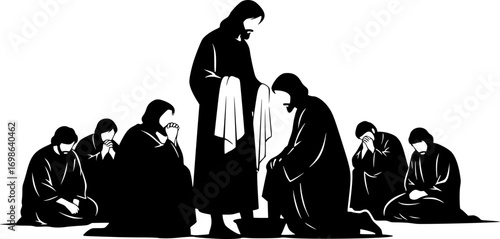 silhouette vector of Artistic Depiction of Jesus Washing Disciples’ Feet – Holy Week Christian Illustration, Humility and Service Scene, Biblical Religious Artwork