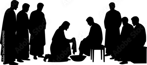 silhouette vector of Artistic Depiction of Jesus Washing Disciples’ Feet – Holy Week Christian Illustration, Humility and Service Scene, Biblical Religious Artwork