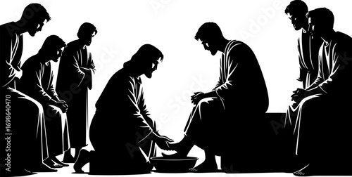 silhouette vector of Artistic Depiction of Jesus Washing Disciples’ Feet – Holy Week Christian Illustration, Humility and Service Scene, Biblical Religious Artwork