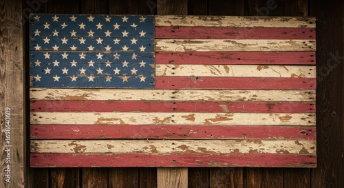 Weathered wooden American flag affixed to a rustic wooden wall.