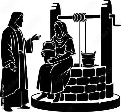 silhouette vector of Jesus Talking to Samaritan Woman at the Well – Biblical Scene of Compassion, Faith, and Living Water Illustration