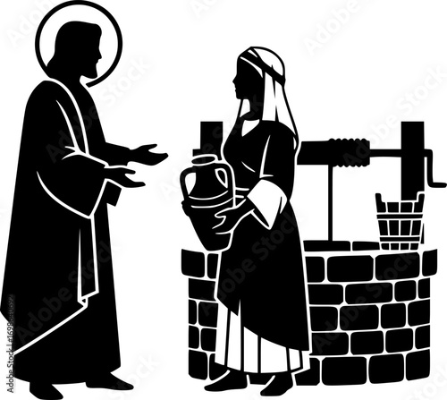 silhouette vector of Jesus Talking to Samaritan Woman at the Well – Biblical Scene of Compassion, Faith, and Living Water Illustration
