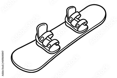 Monochromatic Line Art Snowboard with Bindings Vector Illustration for Winter Sports Enthusiasts and Graphic Designers – Perfect for Coloring Pages, Clipart, or Simple Iconography Projects Depicting S