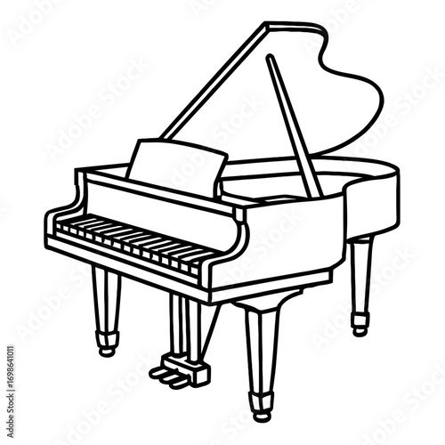 Stunning black outline drawing of a classic grand piano, featuring an open lid, full keyboard with black and white keys, a prominent music stand holding sheet music, and a detailed pedal mechanism. Th
