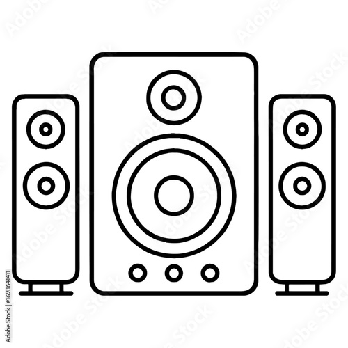 Home Audio Speaker System Icon Outline: Modern High-Fidelity Sound Setup with Central Subwoofer and Two Satellite Speakers. Ideal for Immersive Music, Movies, and Gaming. Perfect for Web, UI/UX, and D