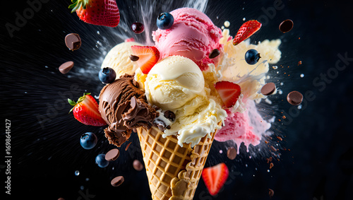 A delicious ice cream cone with multiple scoops and fresh fruit exploding outwards