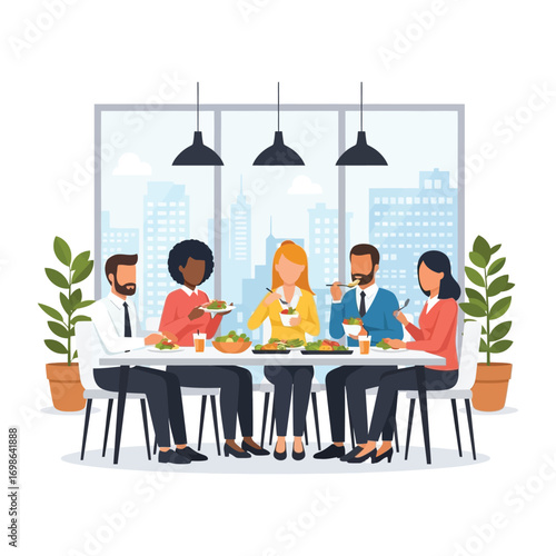 Vector art of diverse group of colleagues enjoying lunch together at a table in a modern office cafeteria with city view