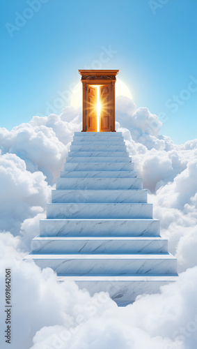 Stairway to heaven with a golden door and bright light surrounded by clouds