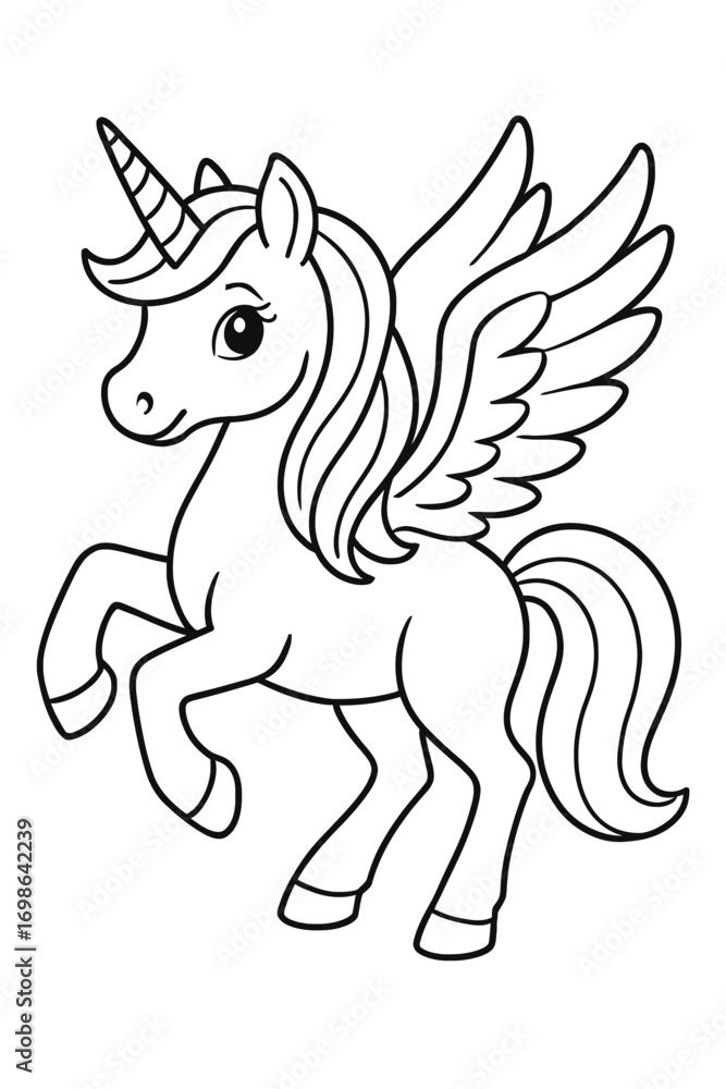 Fototapeta premium Enchanting mythical winged unicorn outlined illustration for children's coloring pages, featuring a majestic magical fantasy creature with a majestic horn and elegant wings, perfect for creative kids 