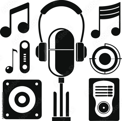 Music and Audio Equipment Icons Representing Sound Recording and Playback Devices for Audio Production and Enjoyment