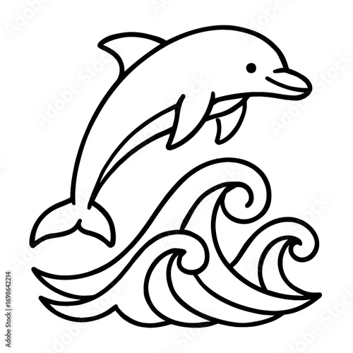 Cute black outline cartoon dolphin joyfully leaping from stylized ocean waves, a playful marine mammal vector illustration perfect for coloring pages, educational resources, nautical themes, kids' art