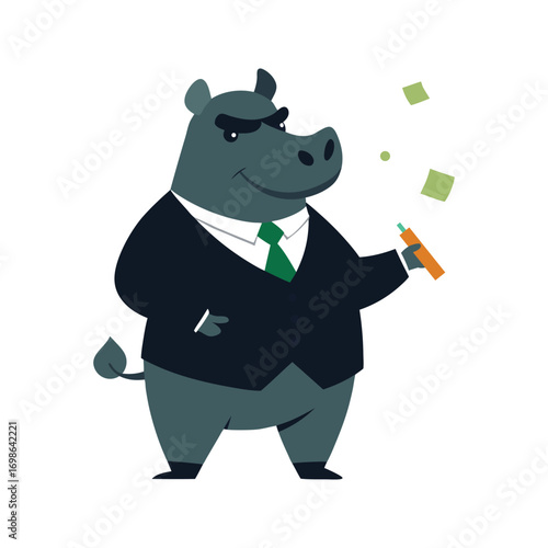 Cartoon hippo in a mafia suit smoking a cigar stylish bold gangster animal character Vector illustration