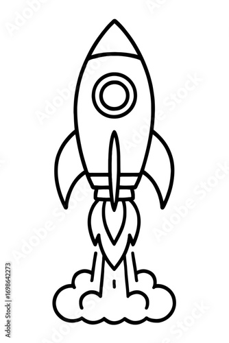 Simple line art illustration of a launching cartoon rocket, showcasing its iconic design with a round window, two fins, and powerful flames propelling it upwards amidst a cloud of smoke. Ideal for kid