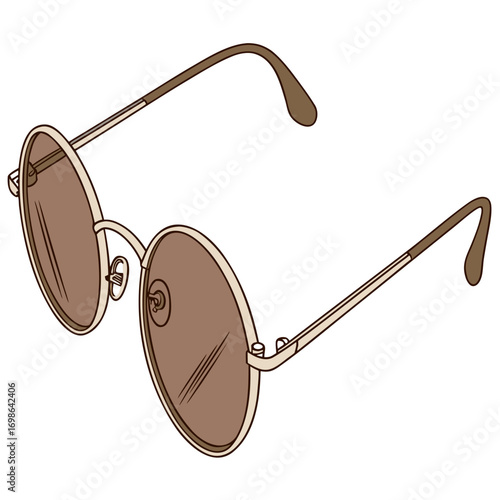 Round sunglasses with a thin metal frame and dark brown tinted lenses