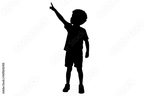 Silhouette of a young boy pointing upwards with enthusiasm and excitement against a plain white background showcasing childhood wonder and imagination in a simple graphic style