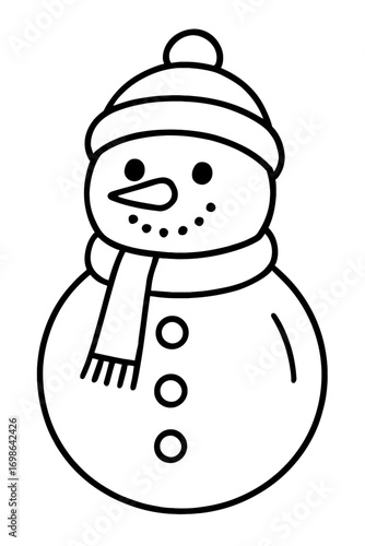 Charming outline drawing of a friendly snowman in a cozy winter hat and warm scarf, featuring a carrot nose, button eyes, and a dotted smile, perfect for holiday coloring pages, festive crafts, and si