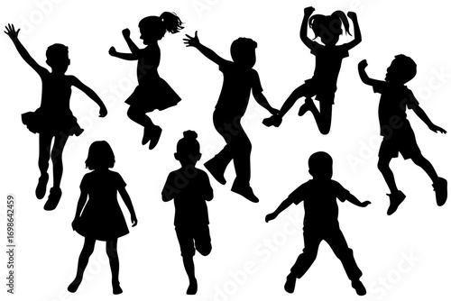 Playful children silhouettes jumping and running in various poses expressing energy and joy on a white background perfect for illustrating childhood themes and active lifestyles
