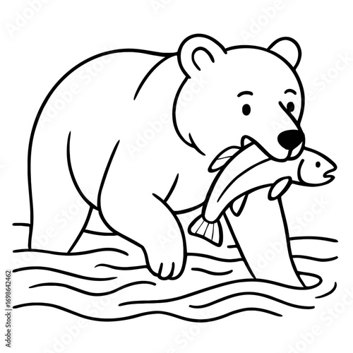Majestic Grizzly Bear Fishing for Salmon in Rushing River Waters, an Iconic Wilderness Scene Captured in Simple Outline Art, Perfect for Coloring Books and Nature Enthusiast Projects, Celebrating Wild