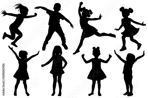 Silhouettes of children jumping and playing in various poses expressing joy and freedom against a white background perfect for illustrating childhood fun and active lifestyles