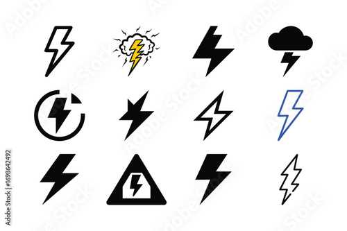 Set of lightning bolt thunder energy icon strong bold electric power design Vector illustration on white background.