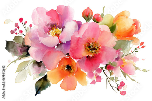 A watercolor painting of a bouquet of flowers with pink and orange petals
