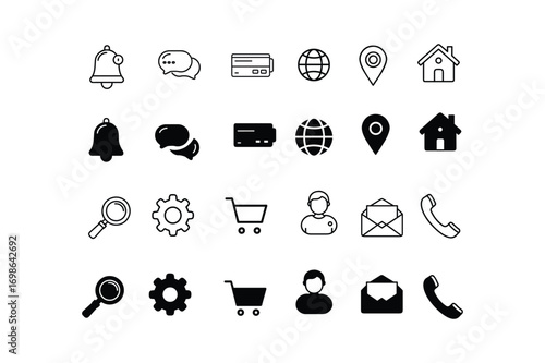 A set of Bell notification chat bubble credit card globe map point home opened mail phone handset search magnifying glass settings gear shopping cart user profile person line art  and silhouette
