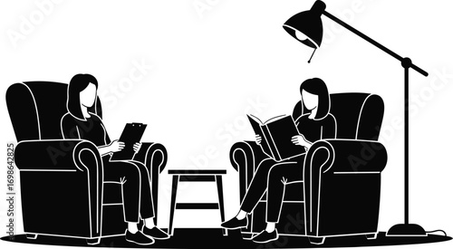 Black and white silhouette vector illustration of two people reading in armchairs with table and floor lamp, indoor leisure concept designBlack and white silhouette vector illustration \