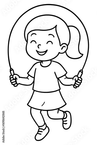 Smiling young girl with ponytail joyfully jumping rope, a vibrant black and white cartoon outline depicting active playtime and healthy exercise for children. Perfect vector illustration for coloring,