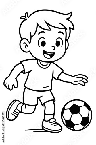 Cheerful young boy happily playing soccer, actively dribbling a classic football, in a delightful line art illustration perfect for a children's coloring page. This black and white drawing captures th